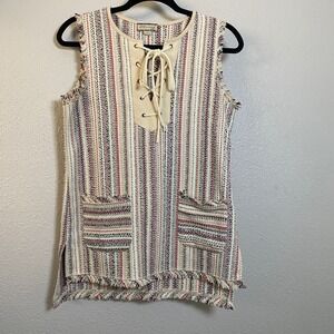 Ethereal Bohemian Hippie Cowgirl Country‎ Western Woven Lace Up Tunic Top S